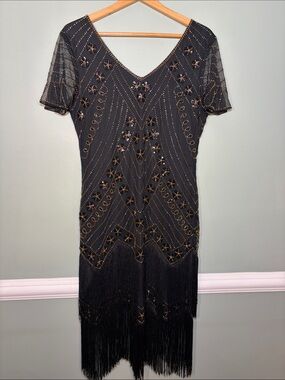 Yessa Size XL 1920s Flapper Style Black & Gold Beaded Fringe V-Neck Dress